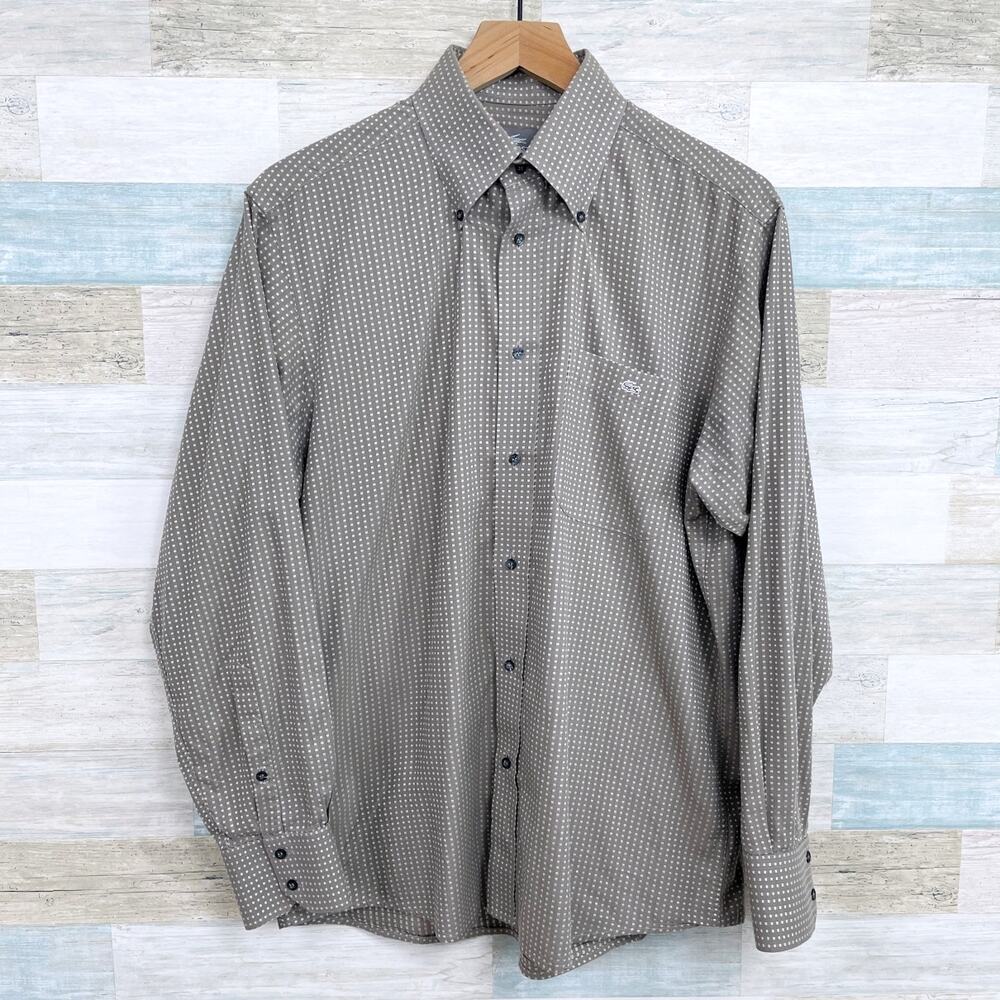Lacoste Jacquard Micro Squares Button Down Shirt Brown Cotton Mens 40 Medium